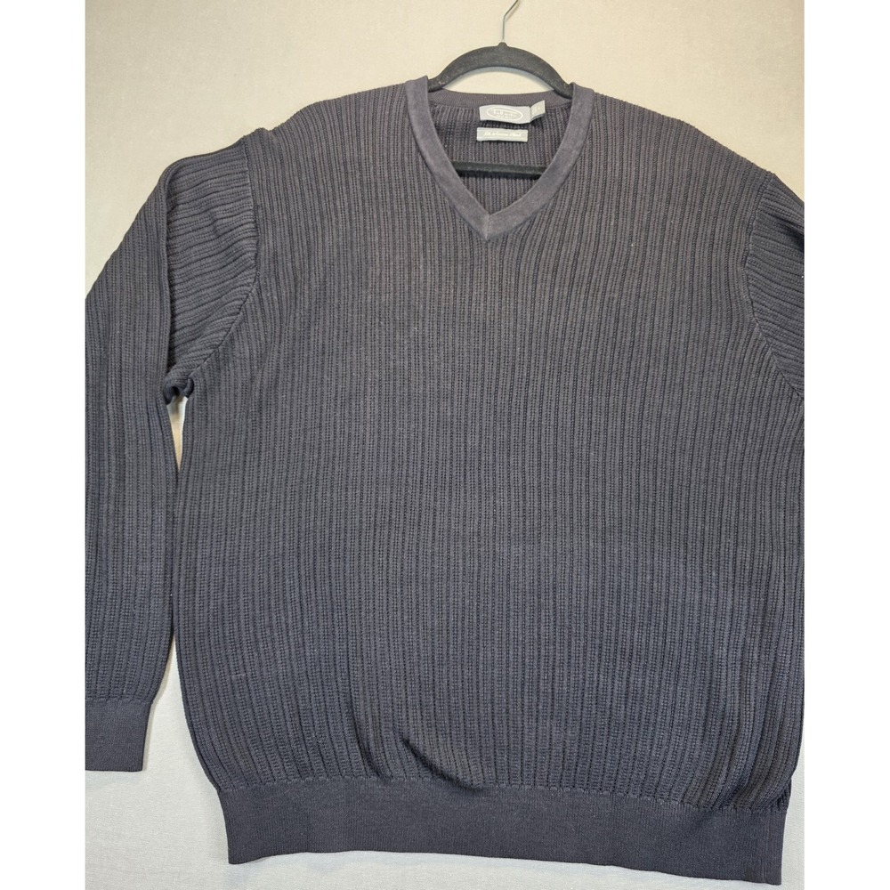 Talbots Mens Sweater Large Black V Neck Ribbed Silk Cotton Staple Lightweight‎